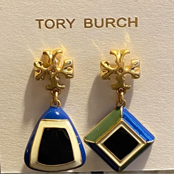Tory Burch Roxanne asymmetric blue green black enamel drops w/ TB logo